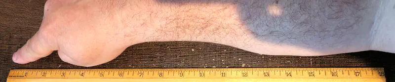 A ruler next to an arm and finger, showing the span distance between the forefinger and elbow.
