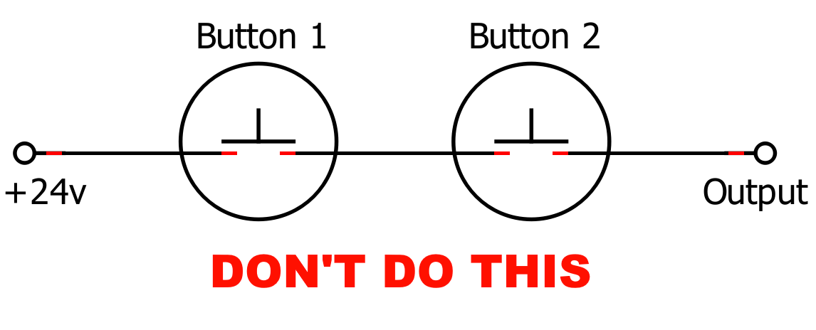 An electrical schematic showing two normally open buttons in series.
